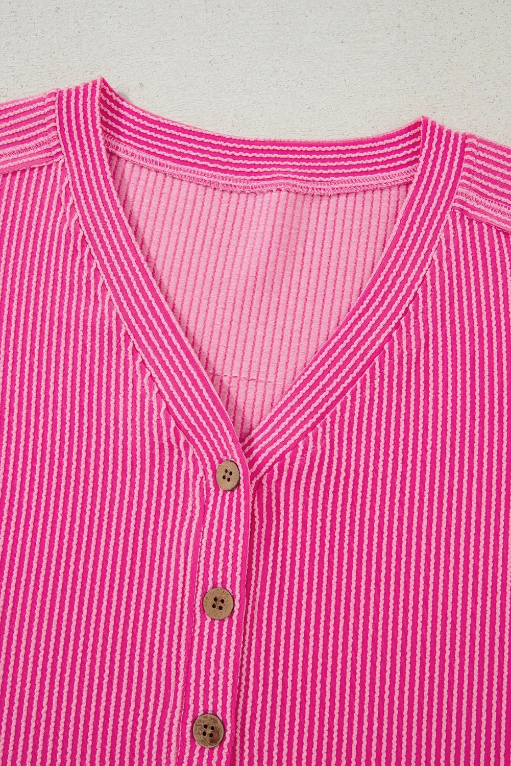 Bright Pink Spiral Ribbed Short Sleeve V Neck Buttoned Romper with Pocket Love Salve